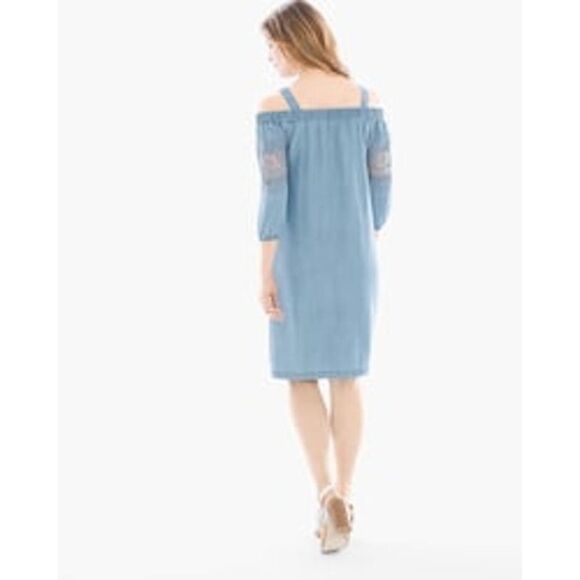 CHICO'S OFF SHOULDER CROCHET INSET CHAMBRAY CASUAL CLASSIC CHIC DRESS MEDIUM/6 - Picture 2 of 5